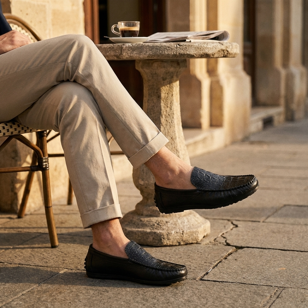 Black synthetic leather crocodile-grain slip-on loafer worn in cafe terrace lifestyle scene at three-quarter angle with flat heel