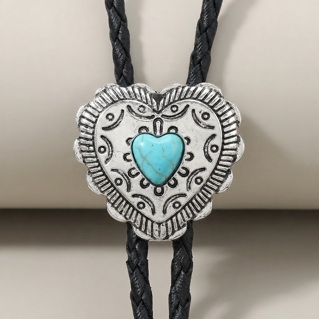 Front detail close-up of turquoise heart pendant necklace with braided black leather in vintage rococo style