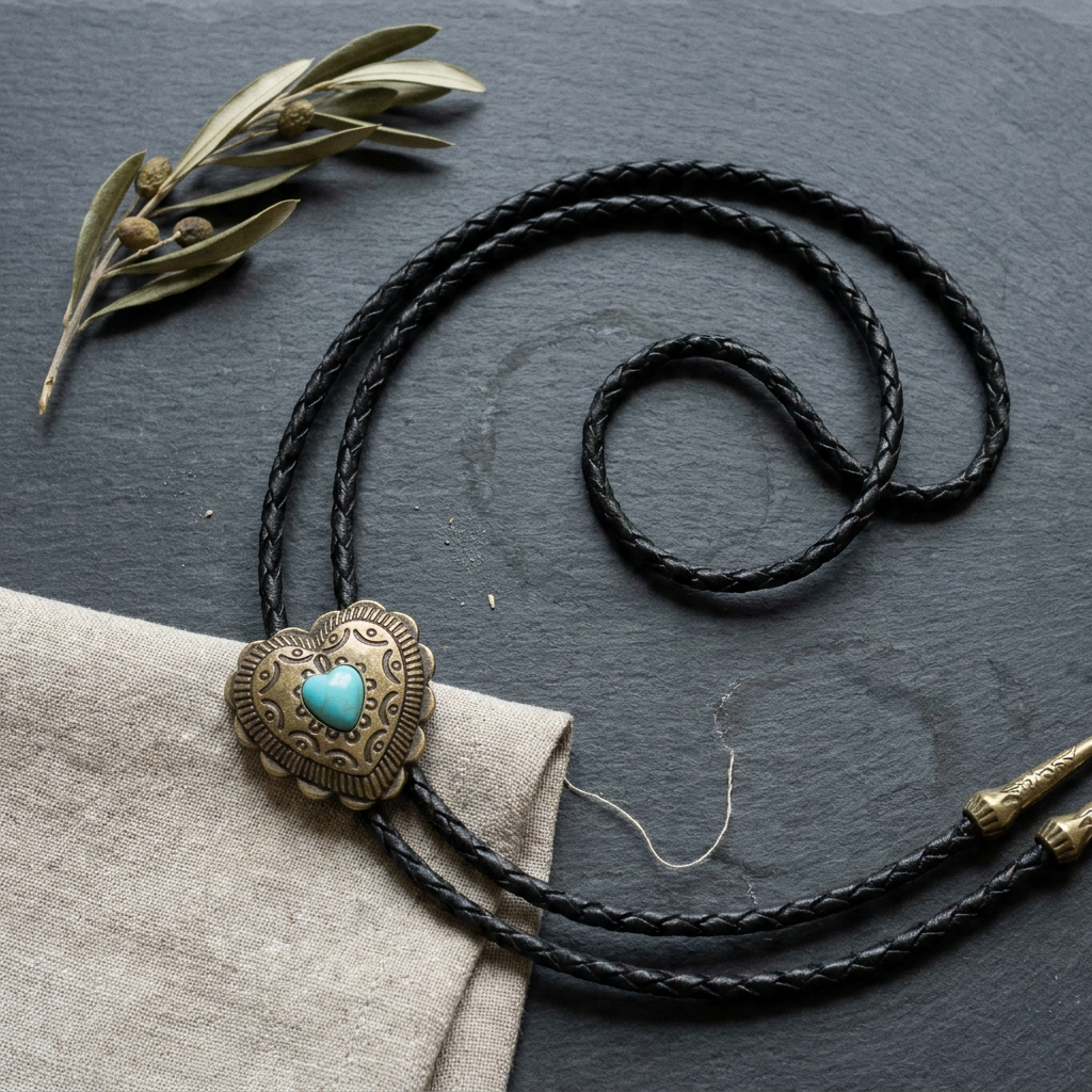 Turquoise heart pendant with braided black leather shown in minimalist top-down flat lay with white K accent