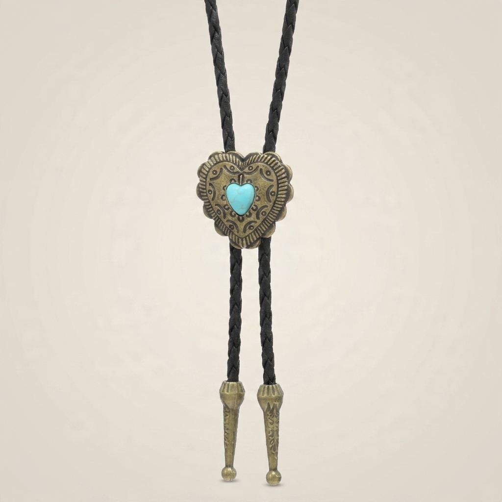 Front view of turquoise heart pendant necklace with braided light coffee leather in vintage rococo style with white K accent