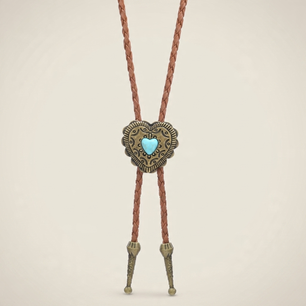 Side profile lifestyle ambient room shot of turquoise heart pendant with braided light coffee leather and white K accent