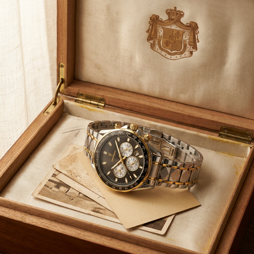 Two-tone alloy round luminous quartz chronograph sports watch ambient room shot showing black dial and tachymeter bezel for sporty men