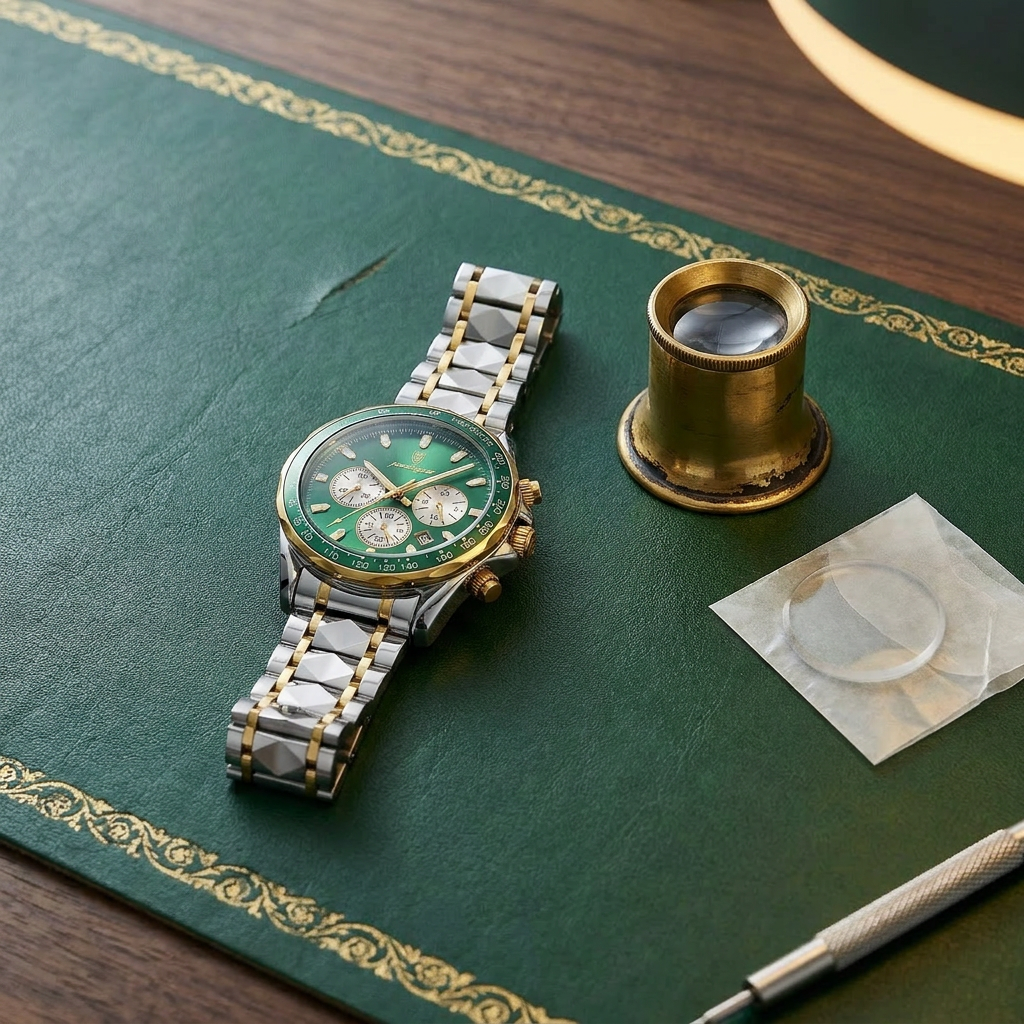 Two-tone alloy round luminous quartz chronograph sports watch close-up with green dial and stainless steel bracelet near vintage cigar box