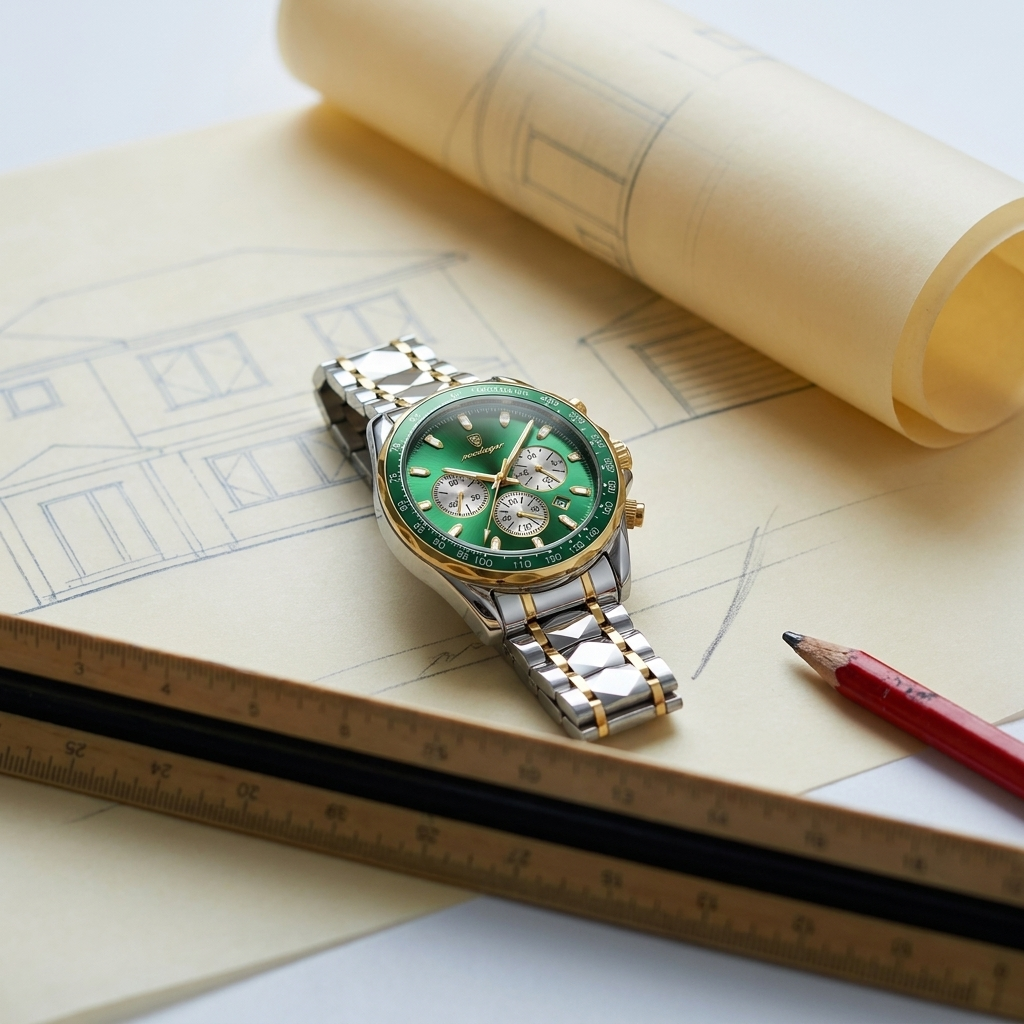 Two-tone alloy round luminous quartz chronograph sports watch side profile showing black dial and onion-head crown near leather watch roll