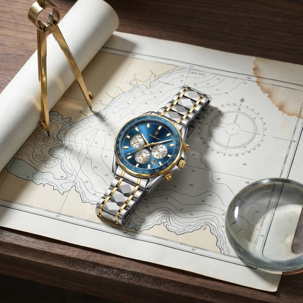 Two-tone alloy round luminous quartz chronograph sports watch at three-quarter angle with green dial and stainless steel bracelet on brass desk