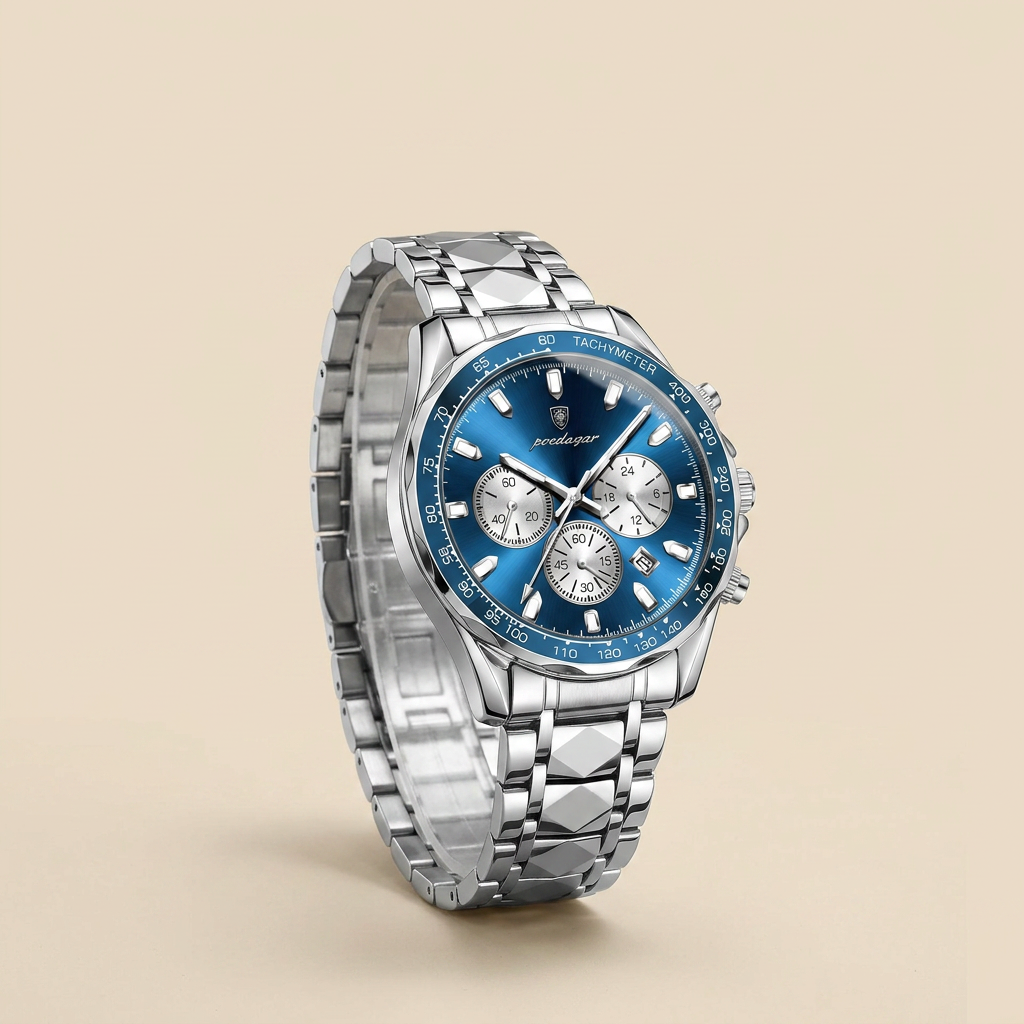 Two-tone alloy round luminous quartz chronograph sports watch three-quarter angle with silver case, white dial and moon phase display