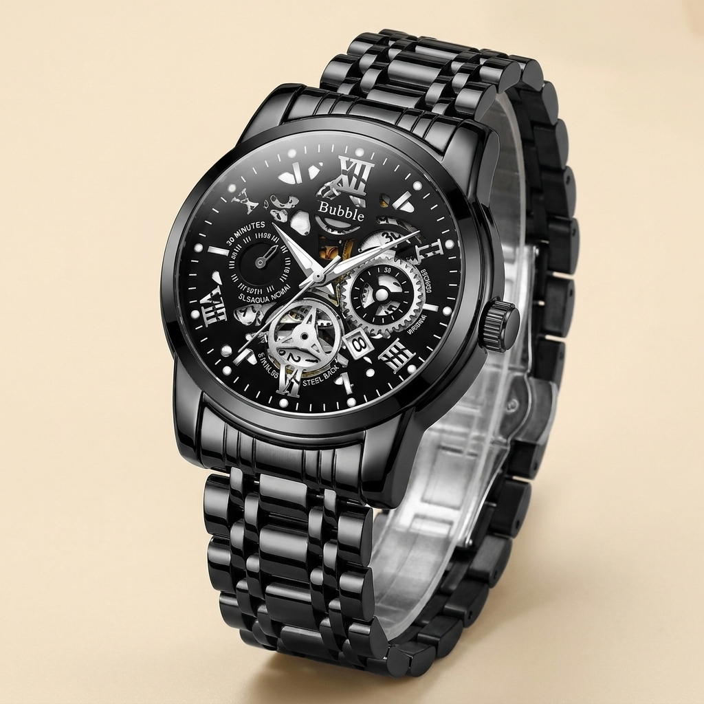 Two-tone gold stainless steel round skeleton quartz wristwatch ambient room shot showing polished case and luminous hands