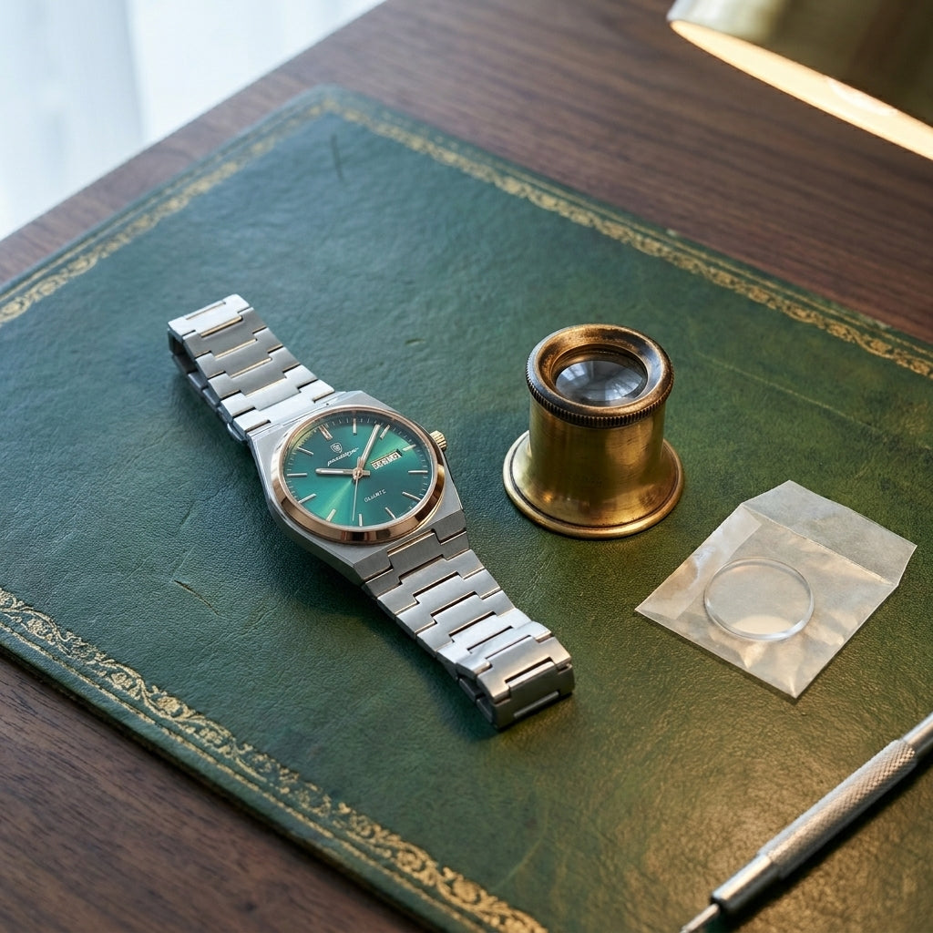 Two-tone gold stainless steel round skeleton quartz wristwatch detail shot on a brass workbench in an atelier lifestyle setting