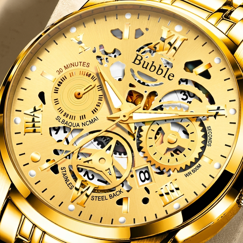 Two-tone gold stainless steel round skeleton quartz wristwatch front detail close-up with polished case and luminous hands