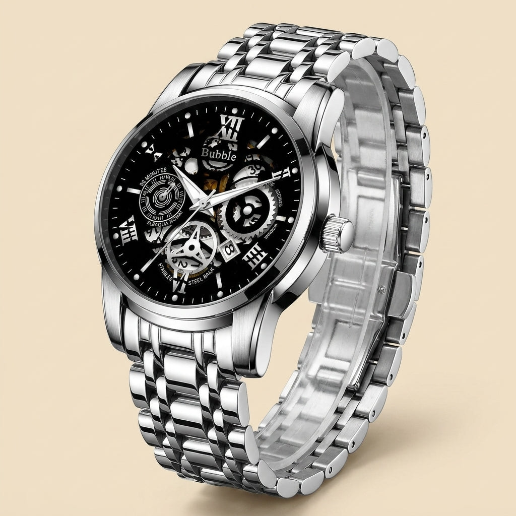 Two-tone gold stainless steel round skeleton quartz wristwatch side profile detail with polished case and luminous hands