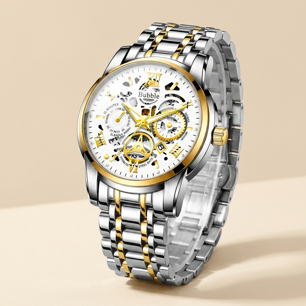Two-tone gold stainless steel round skeleton quartz wristwatch three-quarter close-up showing polished case and luminous hands