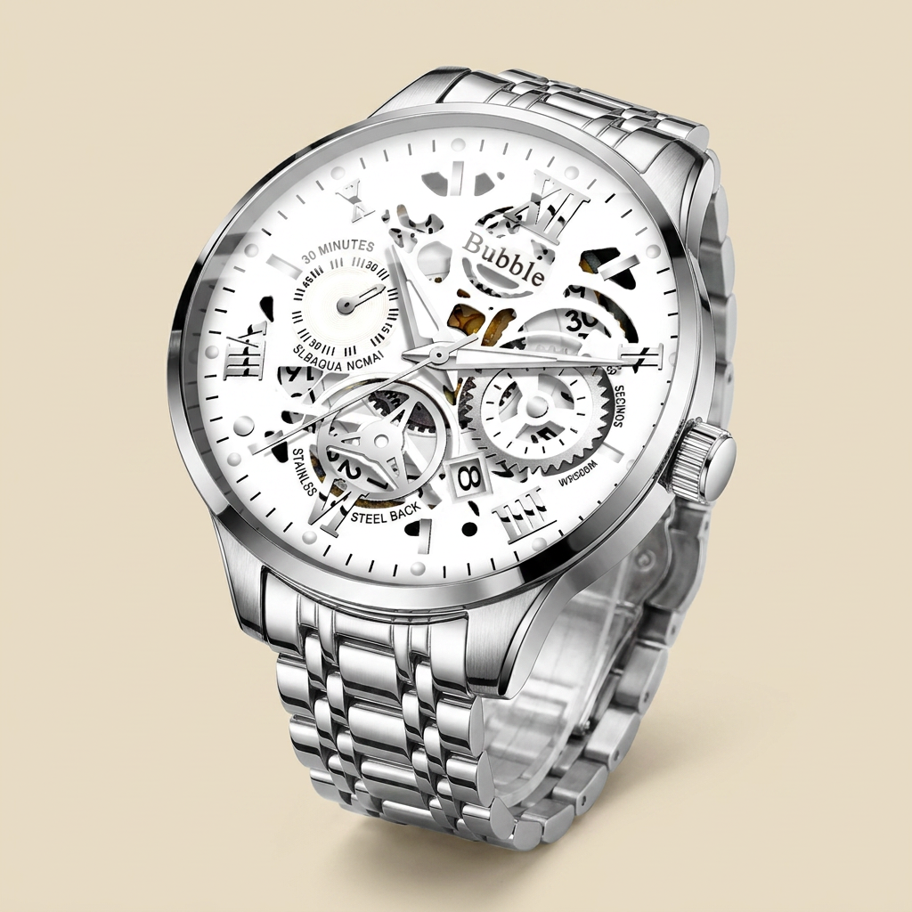 Two-tone gold stainless steel round skeleton quartz wristwatch top-down detail showing polished case and luminous hands