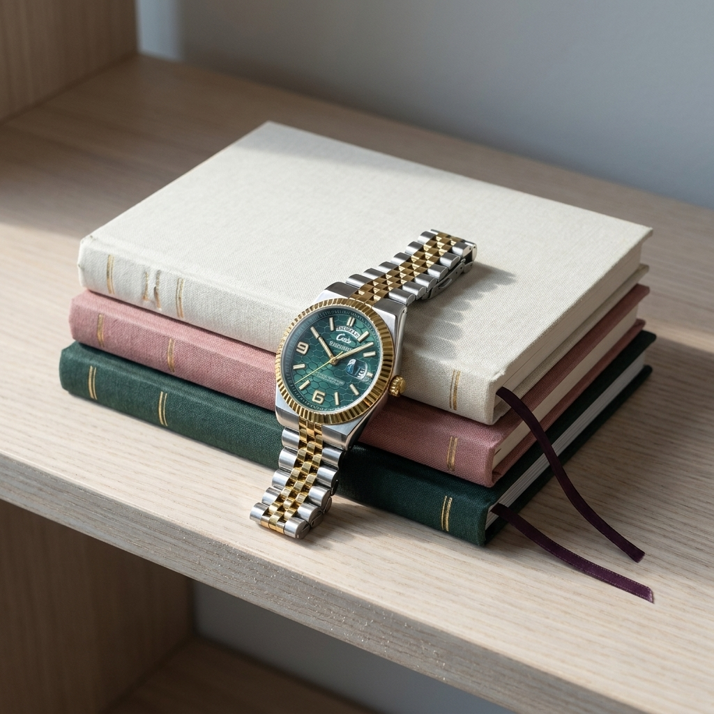 Close-up of two-tone stainless steel men’s watch with black dial and gold tone on cloth monograph stack in soft light