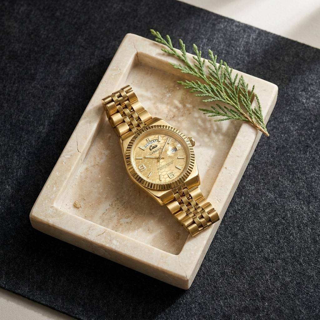 Detail shot of two-tone stainless steel men’s watch with black dial and gold tone on honed travertine tray under natural light
