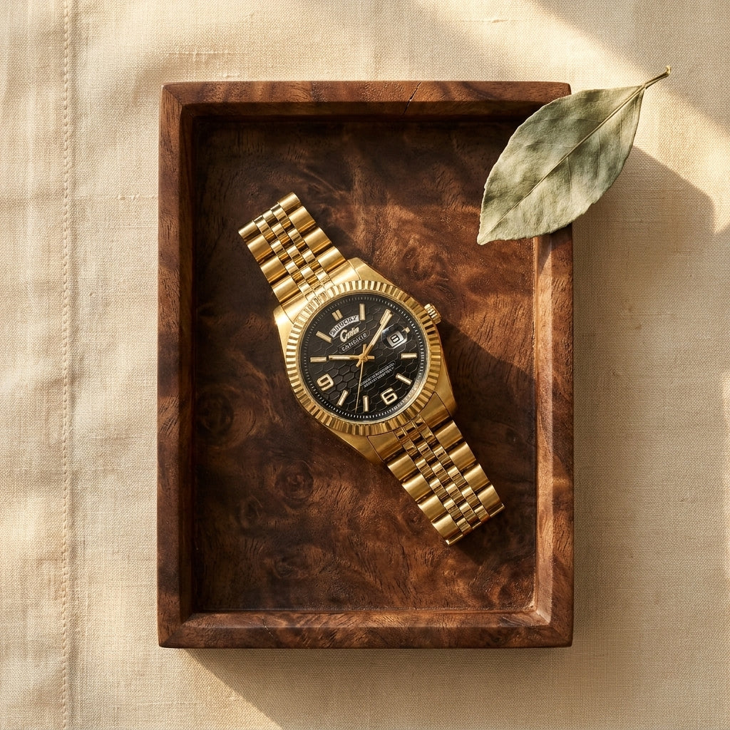 Two-tone stainless steel men’s watch with black dial and gold tone at three-quarter angle on walnut tray with warm light