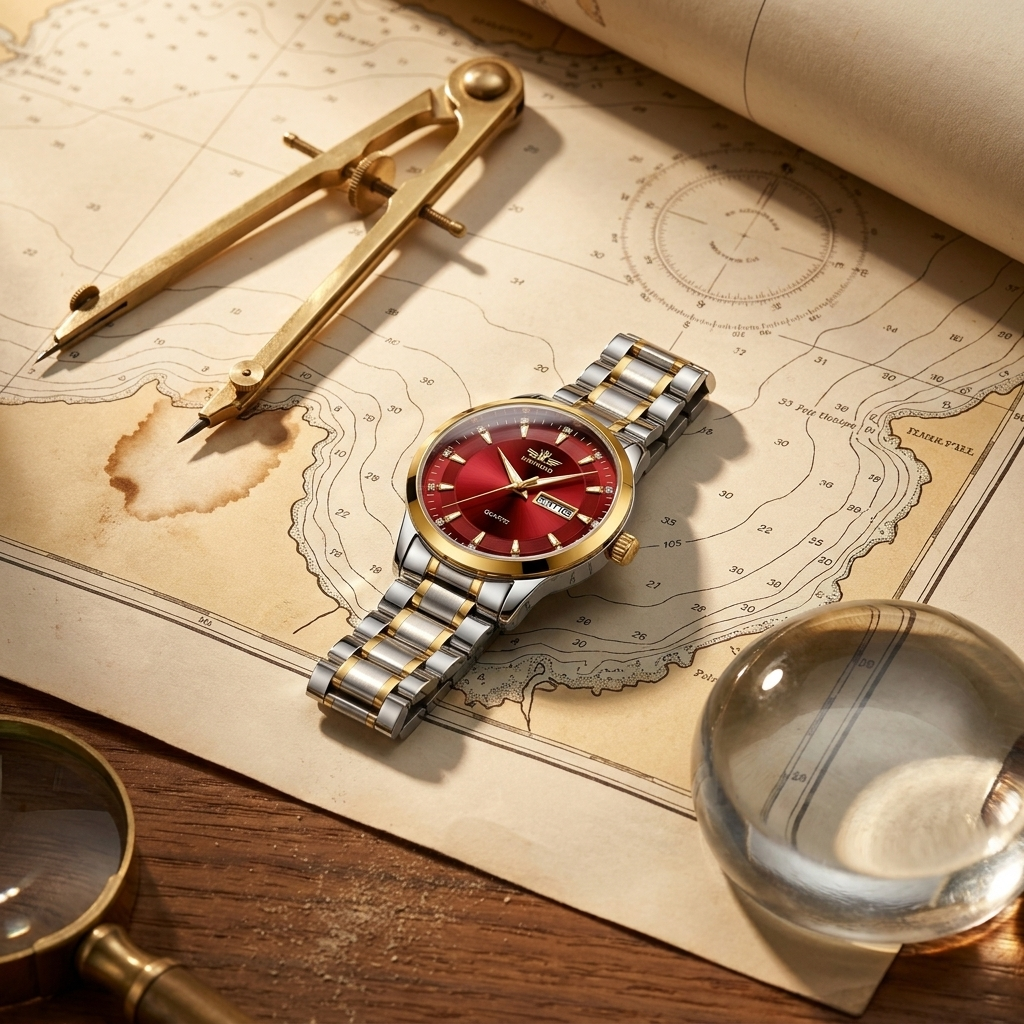 Lifestyle shot of full gold bracelet men's quartz watch with green dial on mariner chart desk