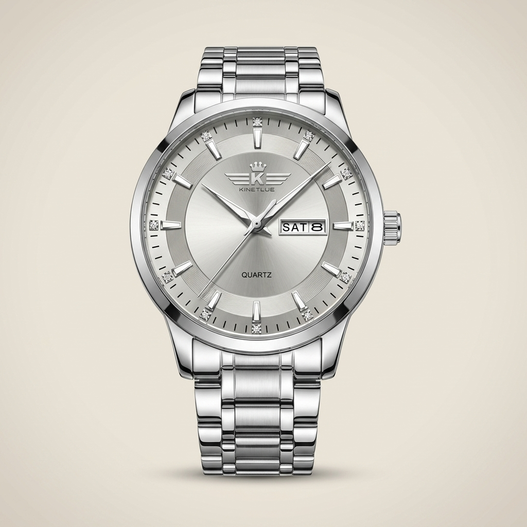 Side profile of silver bracelet men's quartz watch with black dial and 30 meter water resistance