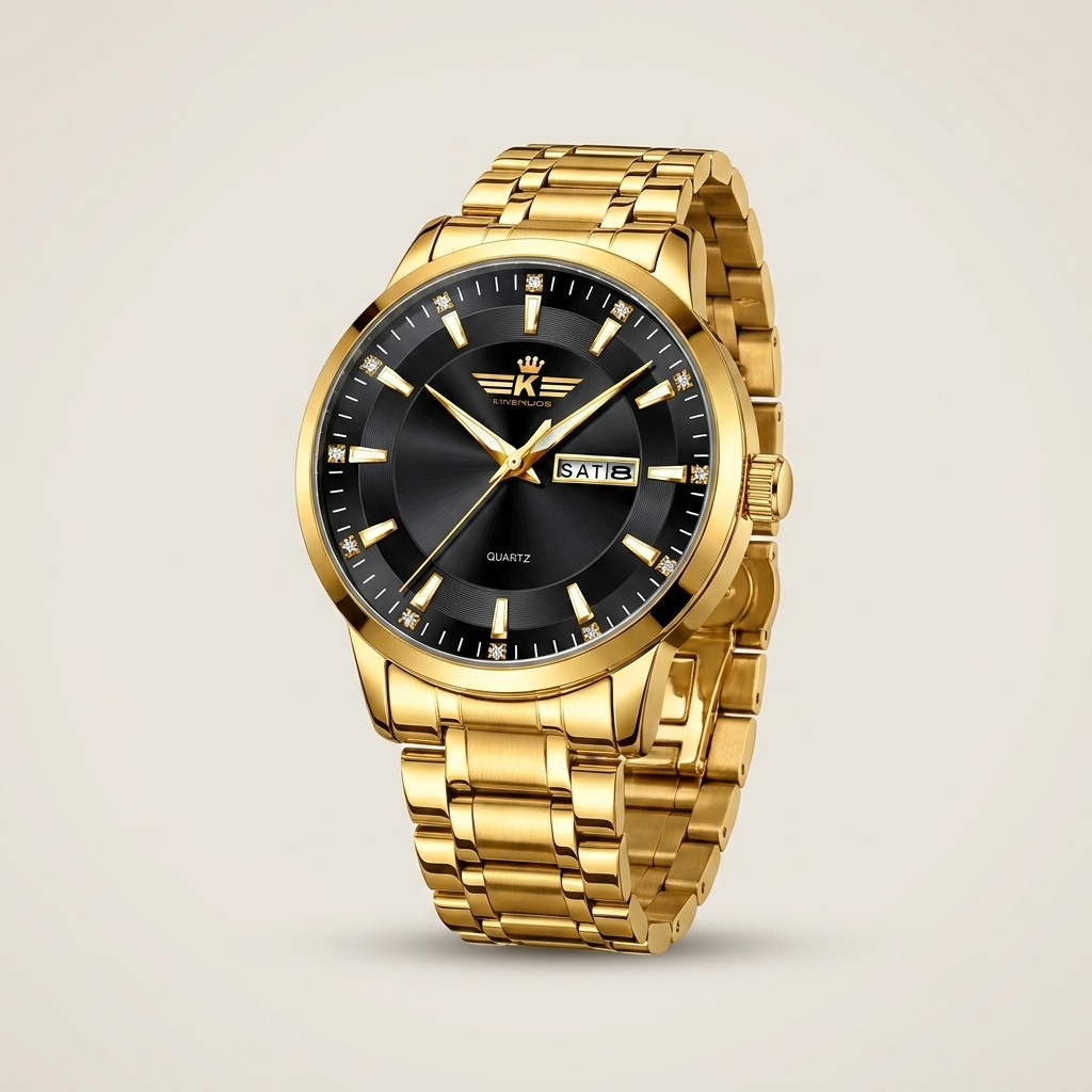 Three-quarter angle of two-tone bracelet men's quartz watch with white dial showing day and date windows
