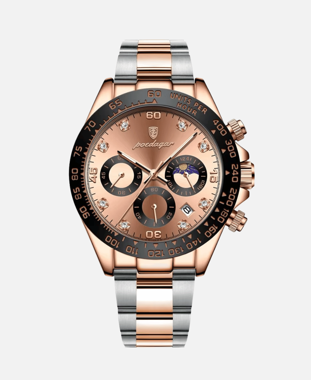 Veltona Chronograph Wristwatch Stainless Steel with Sapphire Crystal, featuring a rose gold and silver two-tone design, rose gold dial, black bezel, diamond hour markers, and a day/night indicator.