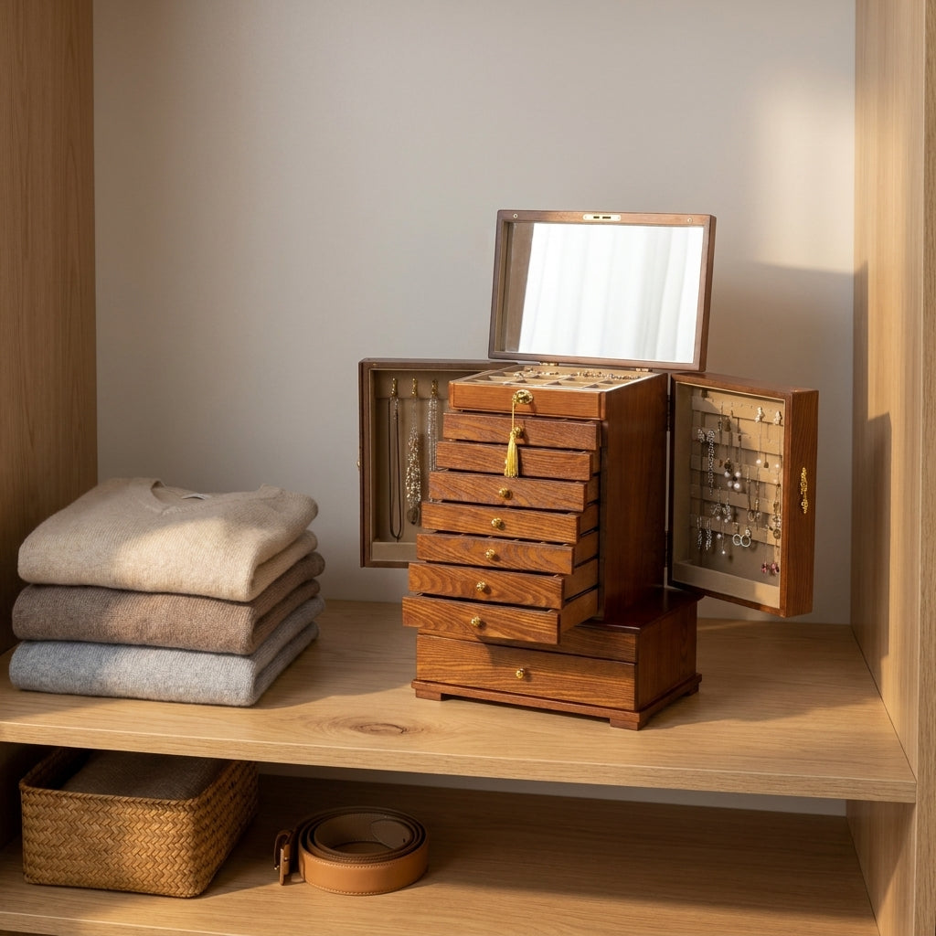 Detail shot of vintage solid wood 10-layer carved jewelry box on wardrobe oak shelf highlighting hand-finished wood grain