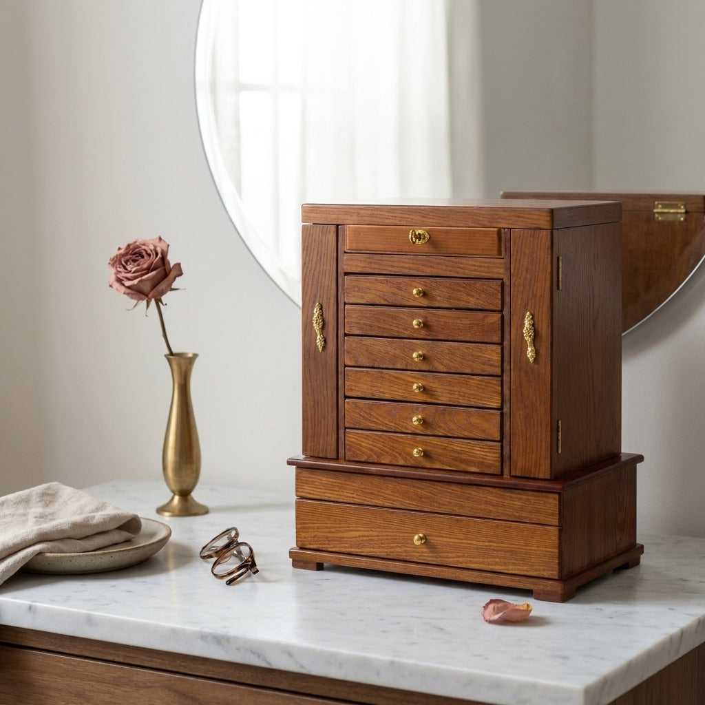 Front view of vintage solid wood 10-layer carved jewelry box closed as gift box showing warm wood finish and brass lock