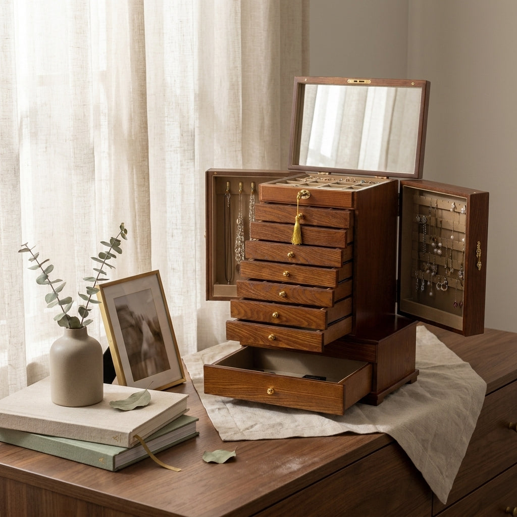 Vintage solid wood 10-layer carved jewelry box at three-quarter angle on bedroom dresser with warm finish and brass hardware