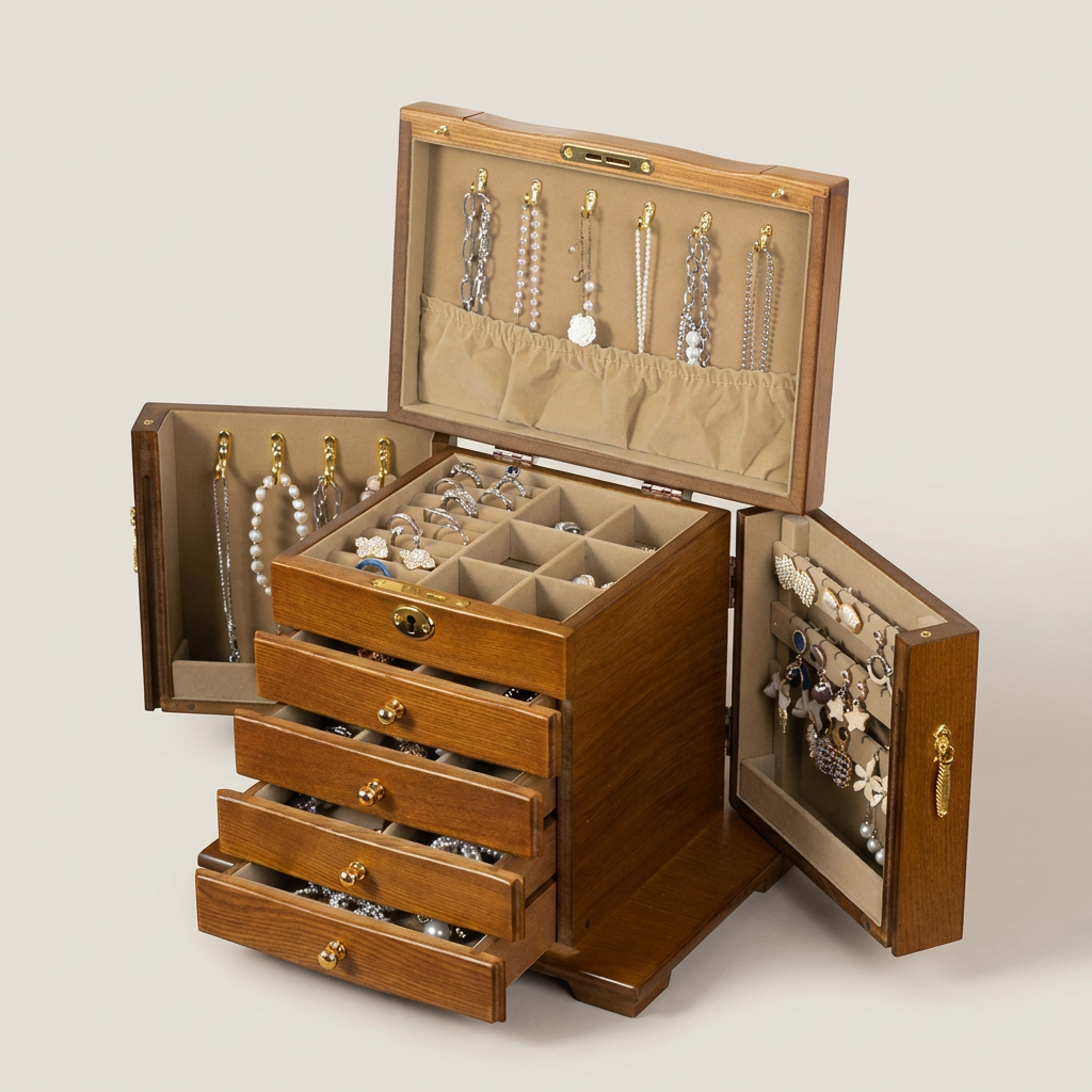 Vintage solid wood 5-layer jewelry box front view in antique style with brown velvet lining and brass hardware