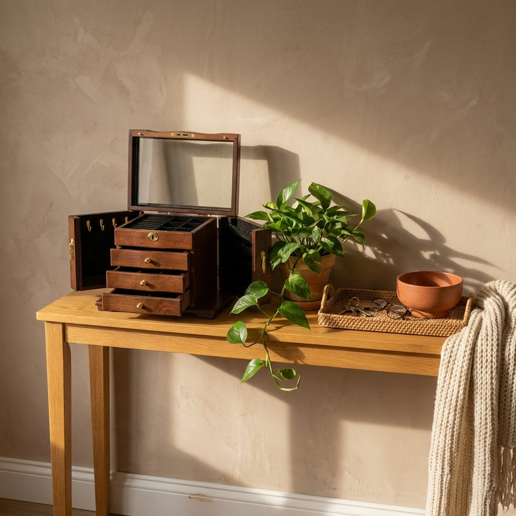 Side profile of vintage solid wood jewelry box with antique finish and black velvet lining on entry console in daylight