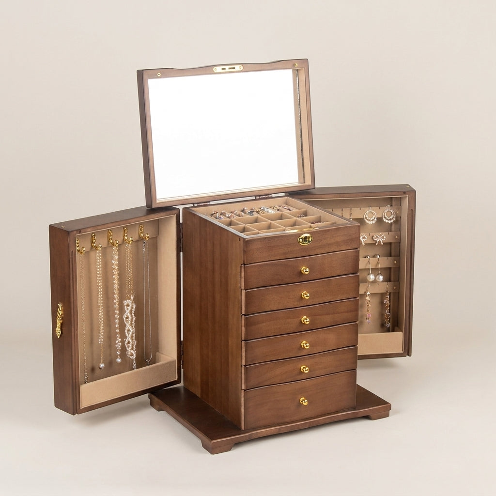Vintage solid wood 7-layer large capacity jewelry box shown front view with warm wood grain and brass hardware