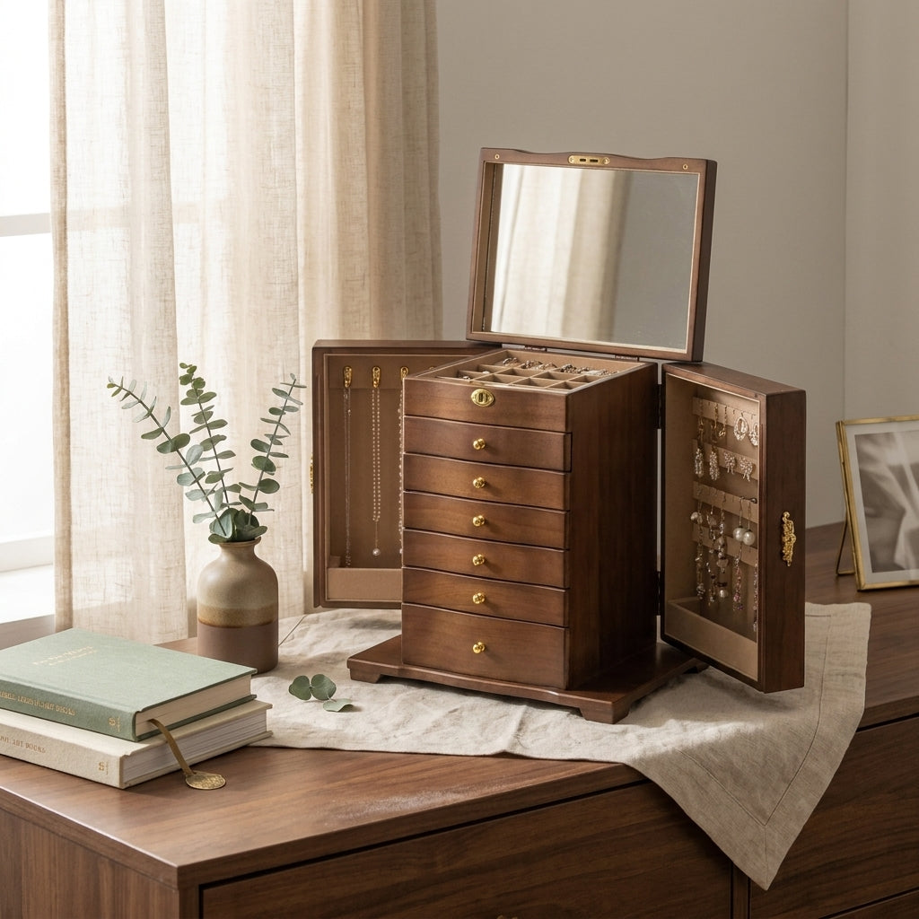 Vintage solid wood 7-layer jewelry box at three-quarter angle on bedroom dresser with natural light and velvet lining visible