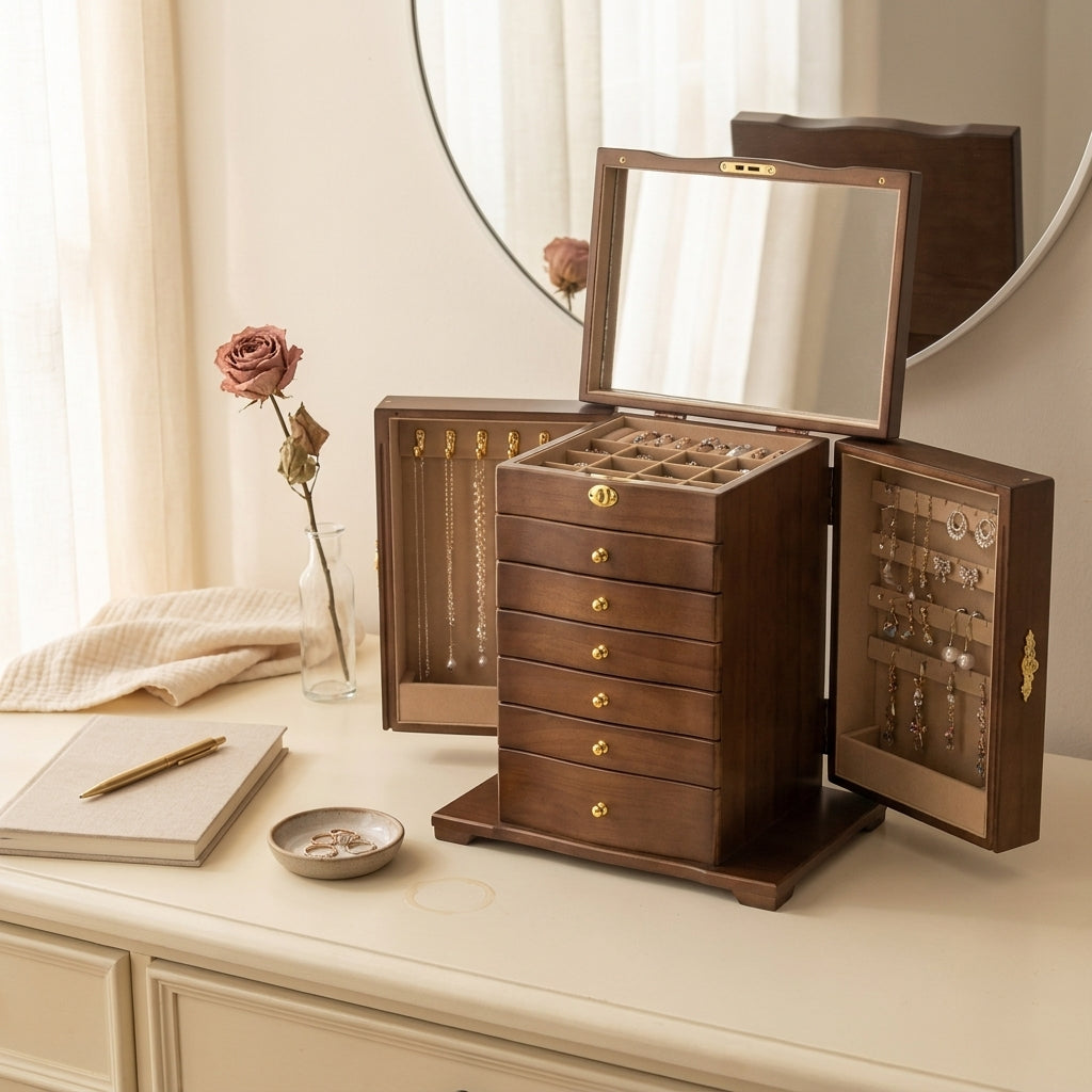 Vintage solid wood 7-layer jewelry box top-down on vanity with soft mirror reflection showing warm finish and multi-tier layout