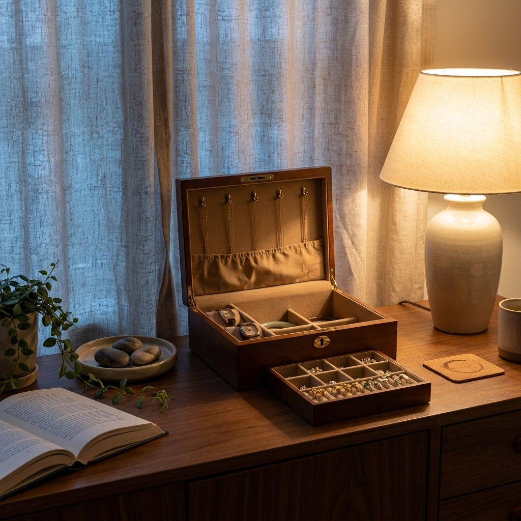 Vintage solid wood carved brass hardware 2-layer jewelry box ambient room shot on living sideboard at dusk with warm light and velvet-lined drawers
