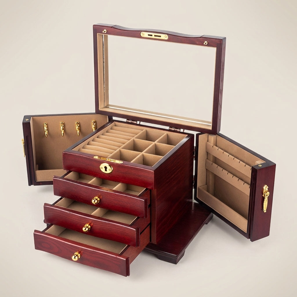 Front view of deluxe vintage solid wood jewelry box with cream finish and pink lining featuring brass hardware