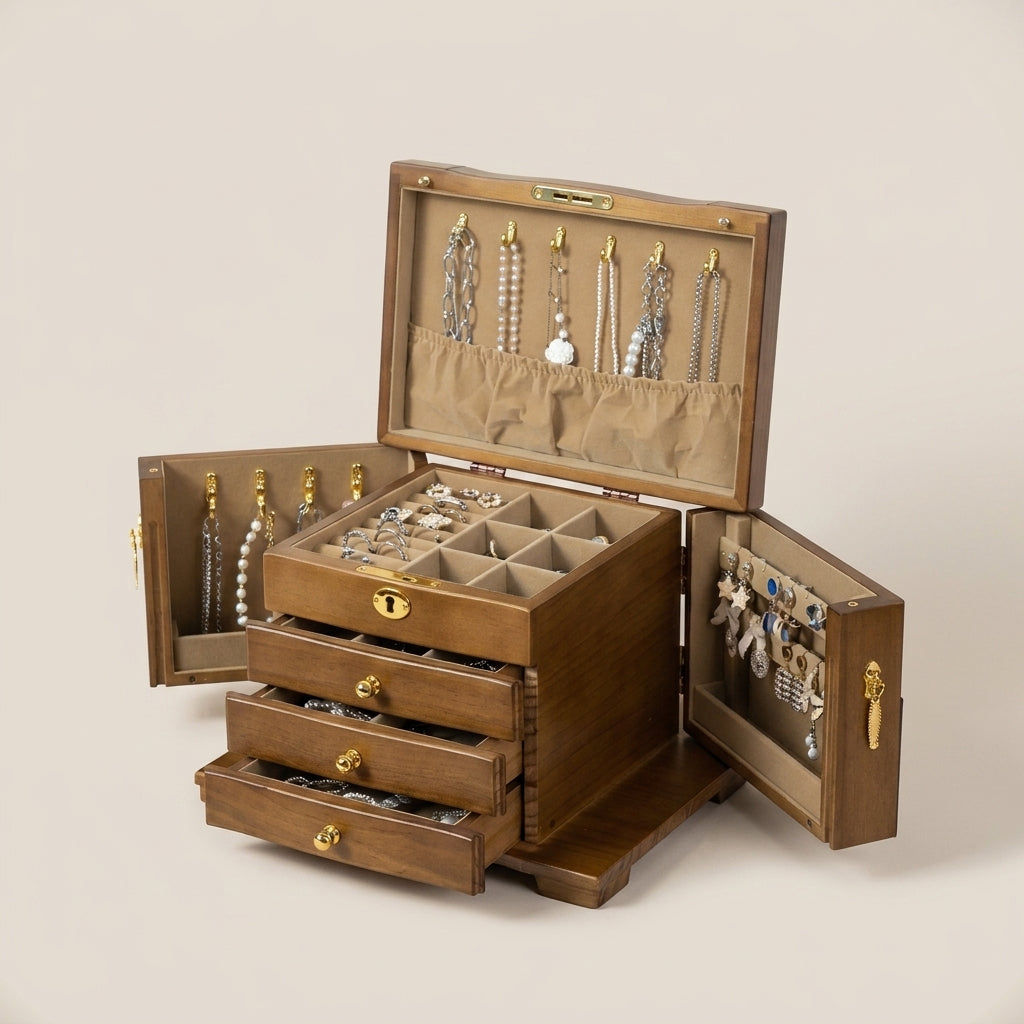 Side profile of deluxe vintage solid wood jewelry box in antique finish with brown lining and brass lock visible
