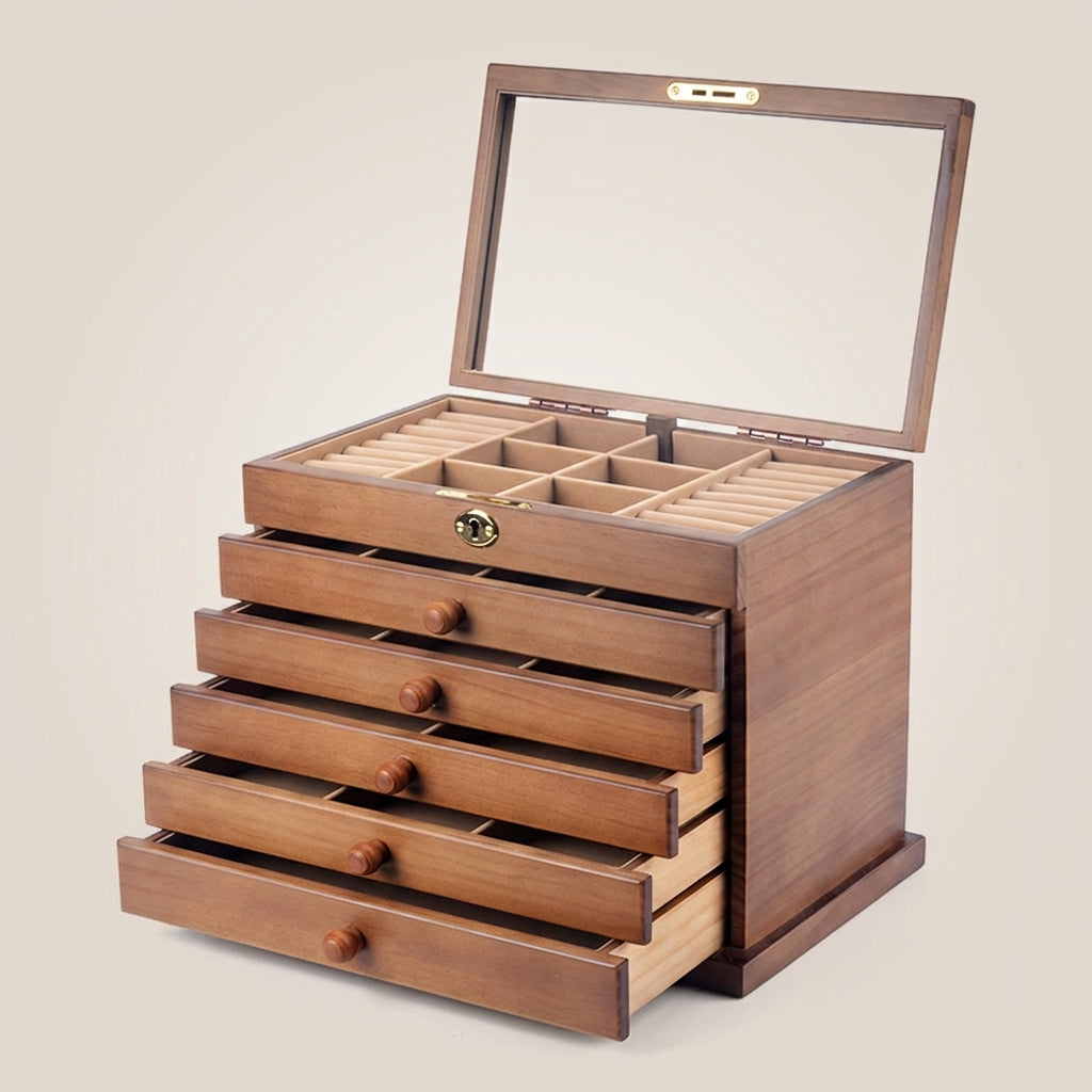 Vintage Solid Wood Glossy 6-Layer Full Lock Jewelry Box