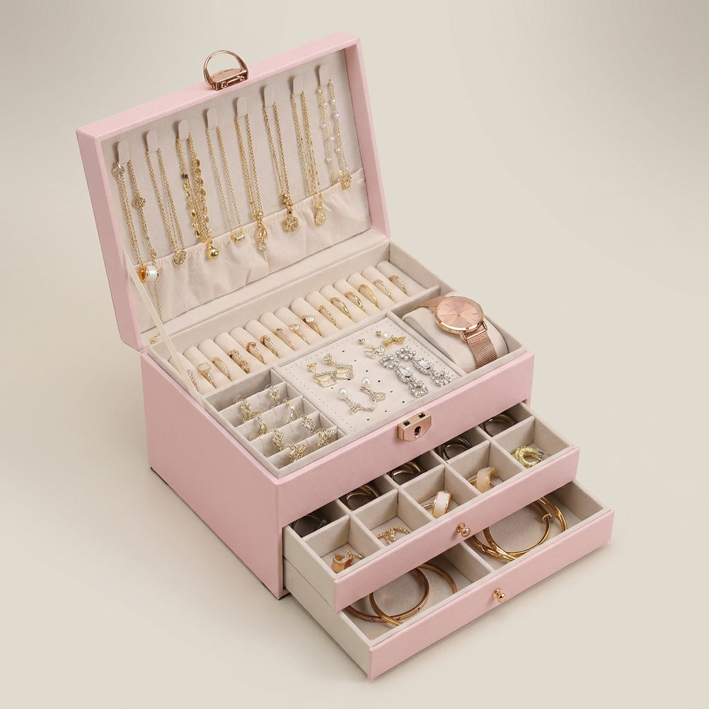 PU Leather Diamond Quilted Three-Layer Drawer Jewelry Box