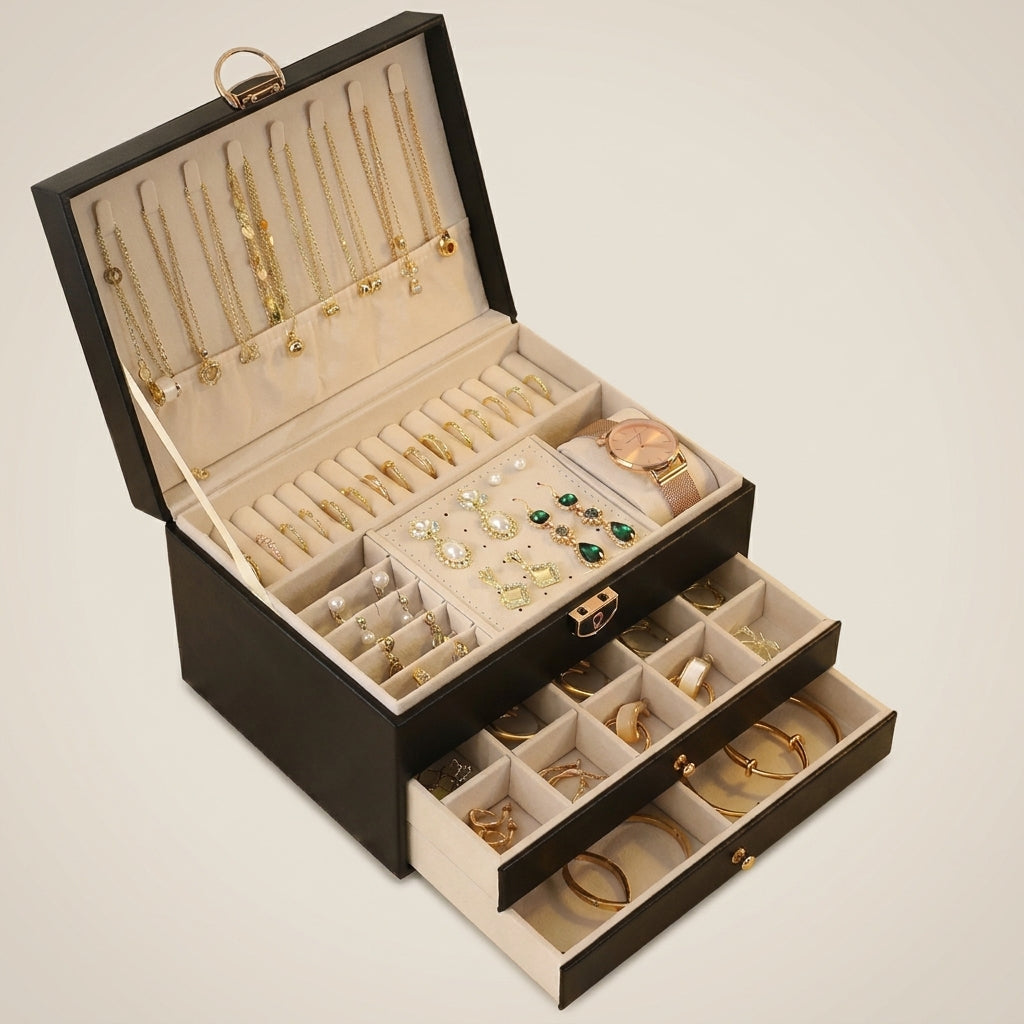 PU Leather Diamond Quilted Three-Layer Drawer Jewelry Box