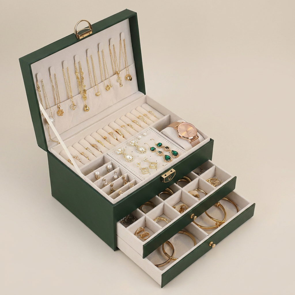 PU Leather Diamond Quilted Three-Layer Drawer Jewelry Box