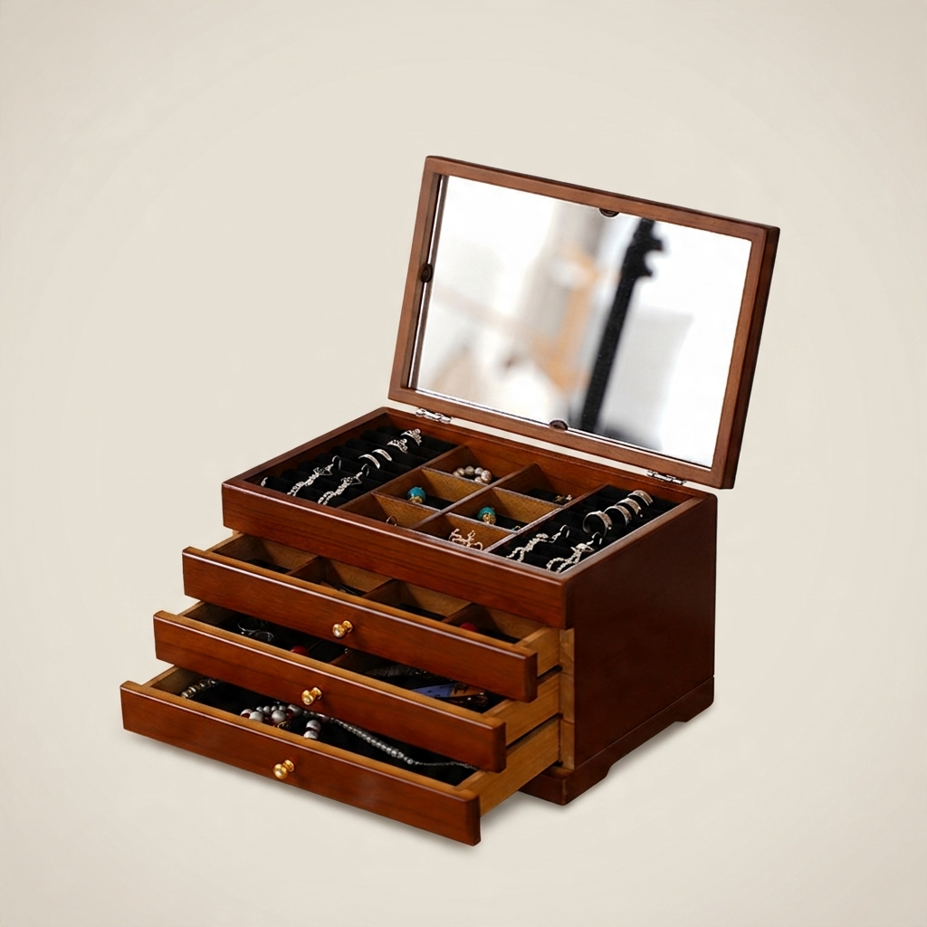 Walnut Wood Rectangular Chinese Retro Lockable Jewelry Box with Velvet Interior