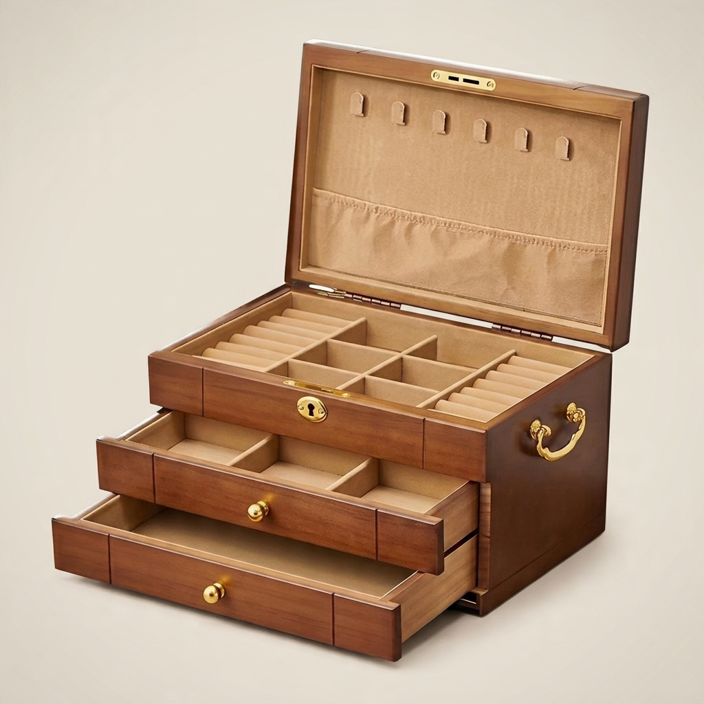 Walnut Wood Rectangular Chinese Retro Lockable Jewelry Box with Velvet Interior
