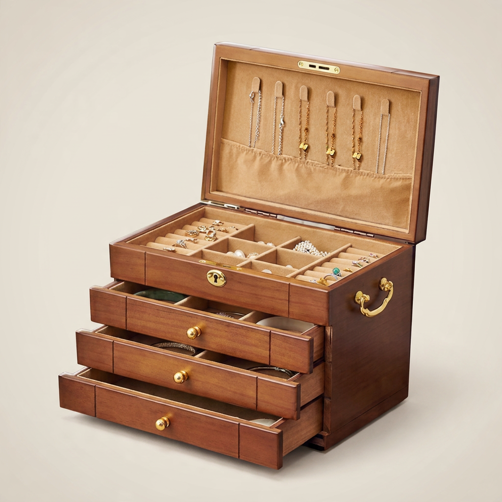 Walnut Wood Rectangular Chinese Retro Lockable Jewelry Box with Velvet Interior
