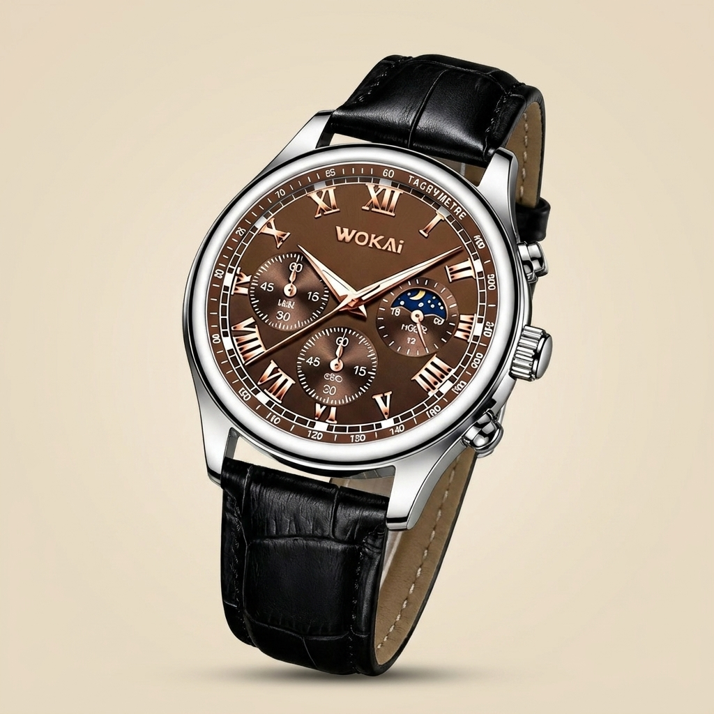 Plastic Round Quartz Analog PU Strap Business Wristwatch