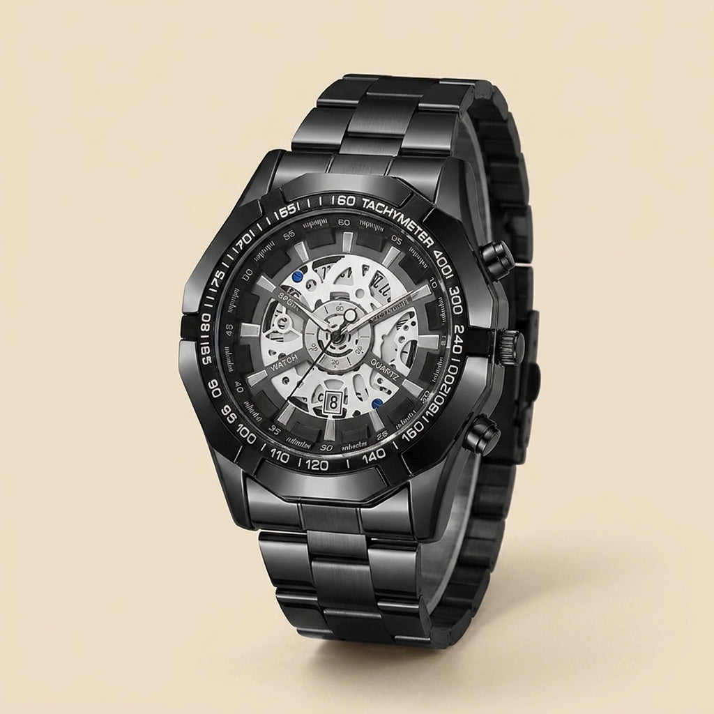 Alloy Round Skeleton Quartz Calendar Chronograph Wrist Watch