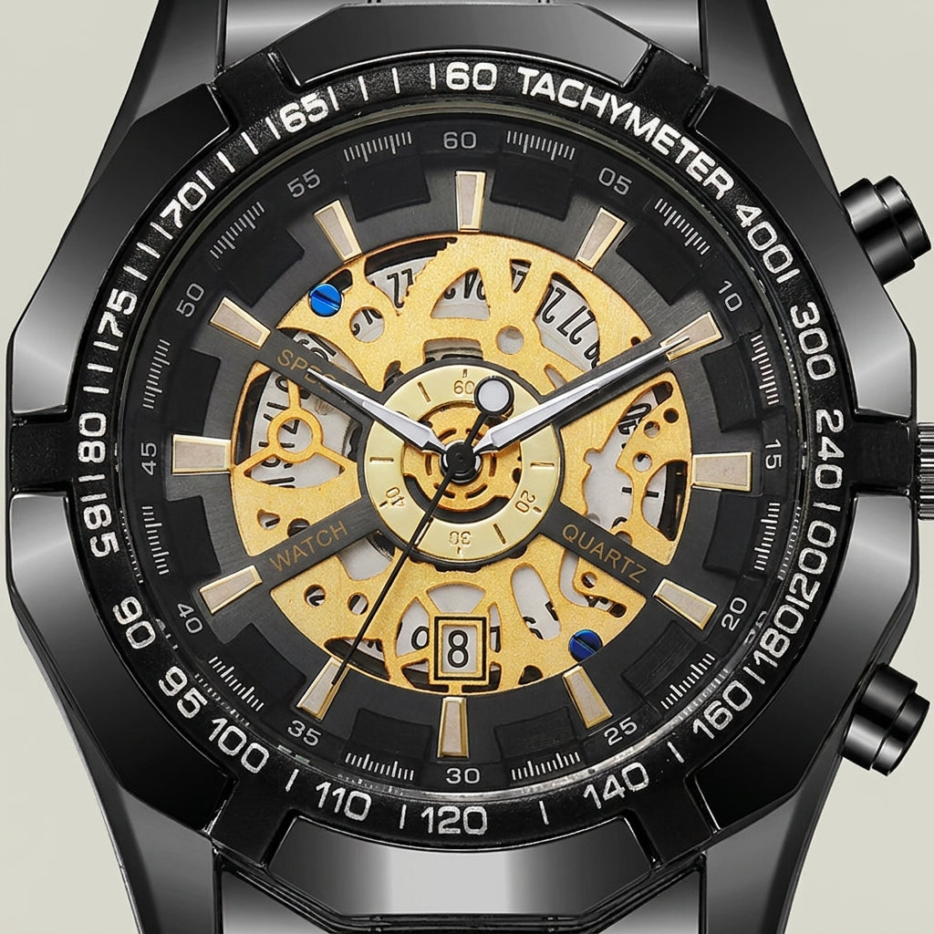 Alloy Round Skeleton Quartz Calendar Chronograph Wrist Watch