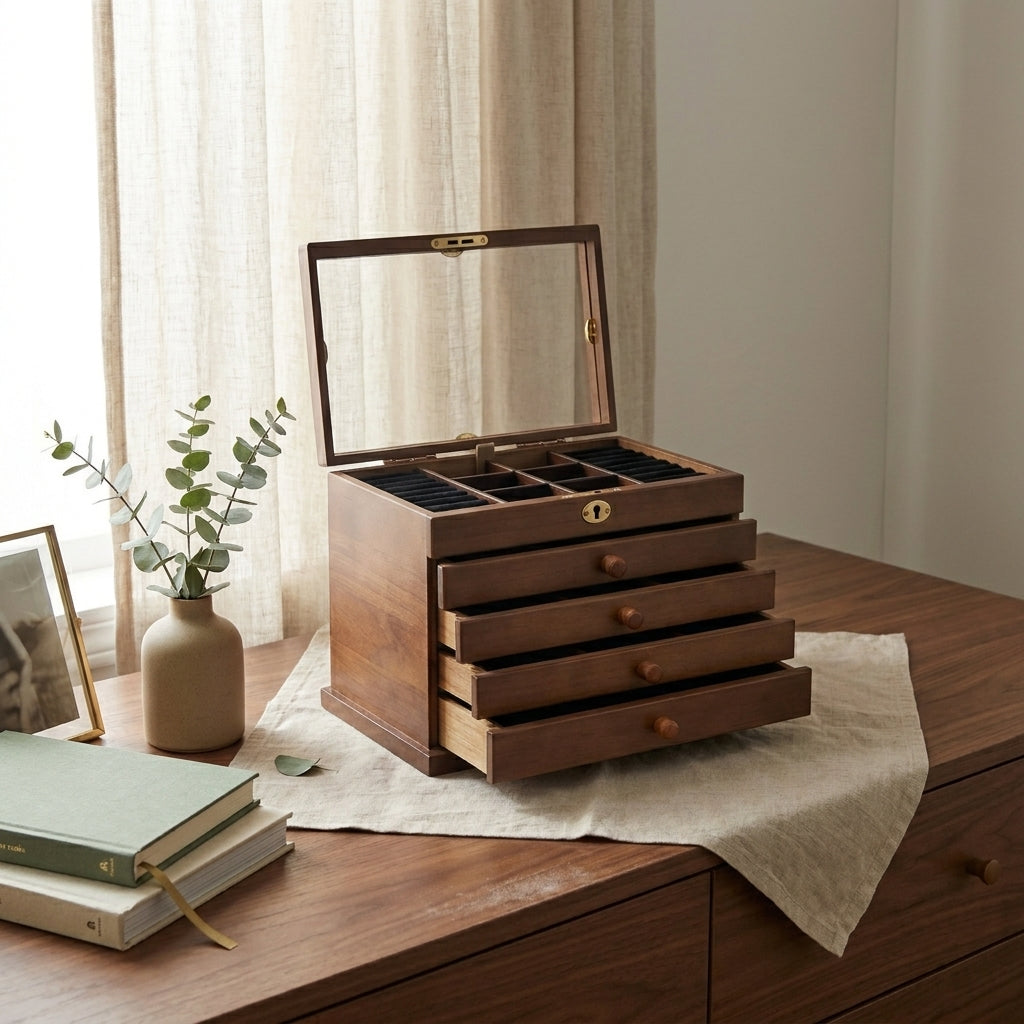 Lifestyle scene — Vintage Solid Wood Glossy 6-Layer Full Lock Jewelry Box