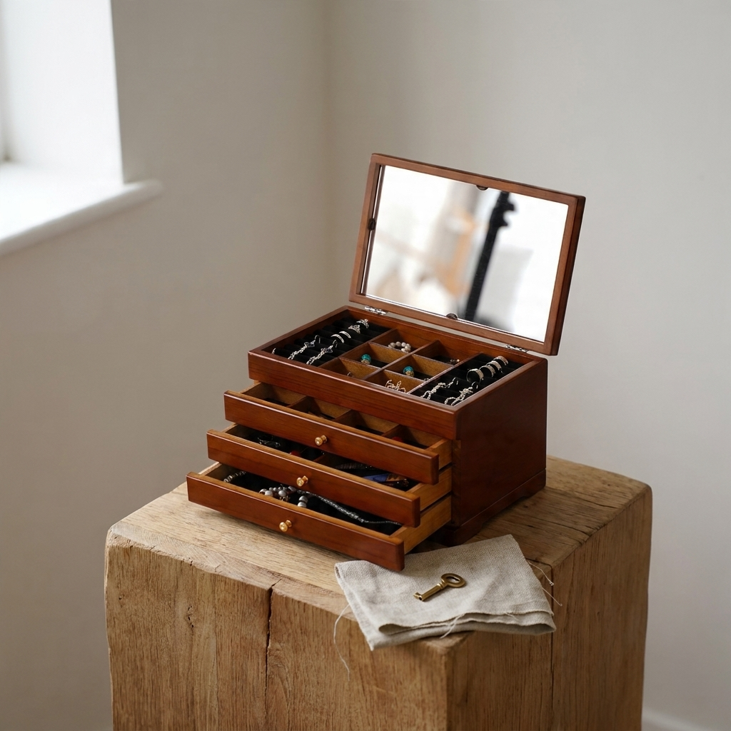 Lifestyle scene — Walnut Wood Rectangular Chinese Retro Lockable Jewelry Box with Velvet Interior