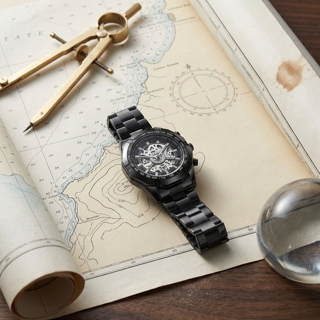 Lifestyle scene — Alloy Round Skeleton Quartz Calendar Chronograph Wrist Watch