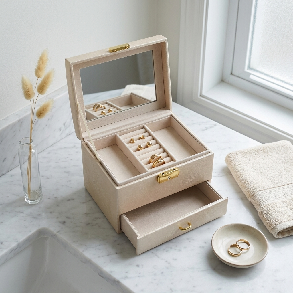 Lifestyle scene — Hard PU Leather Compact Mirror Portable Jewelry Box Organizer Case