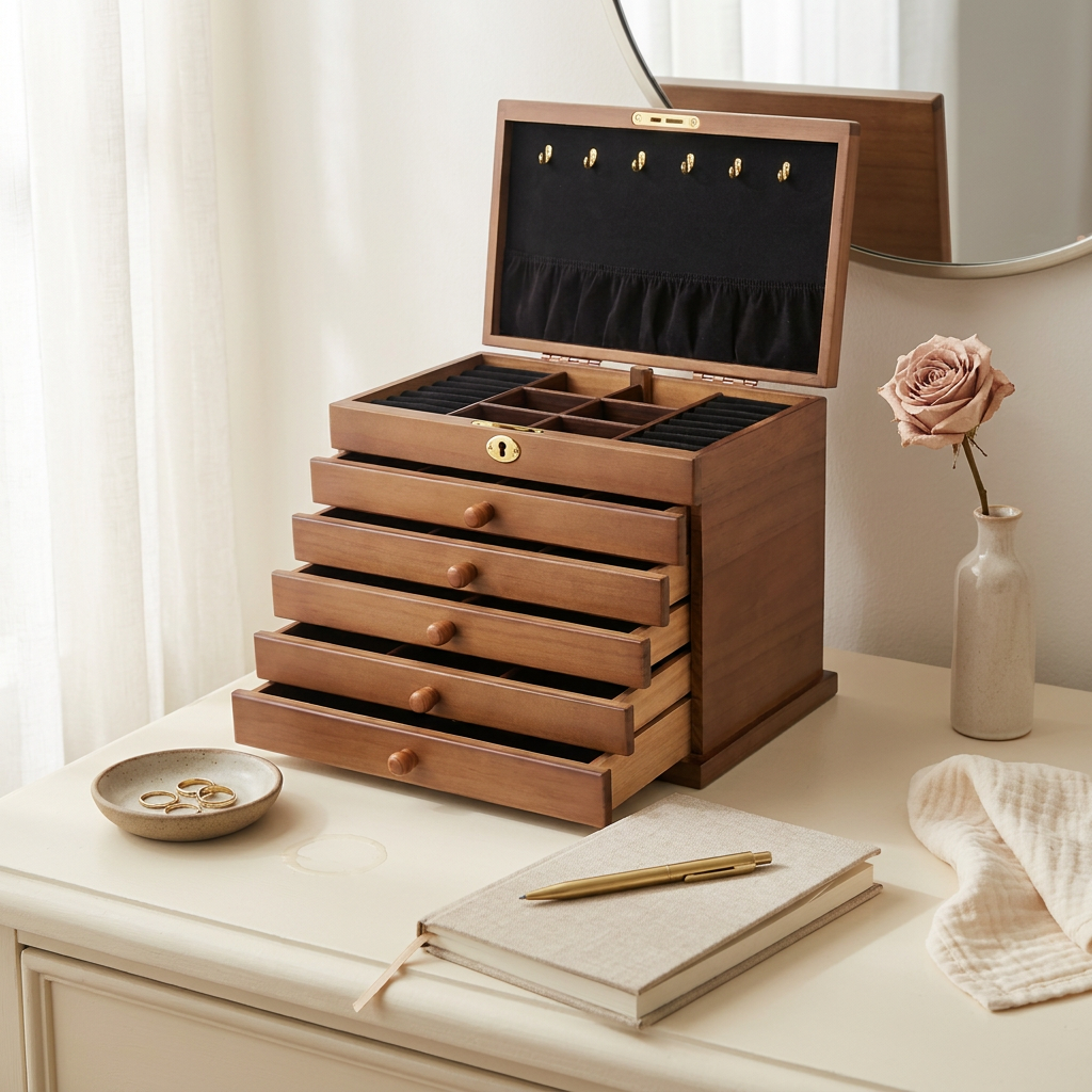 Lifestyle scene — Vintage Solid Wood Glossy 6-Layer Full Lock Jewelry Box