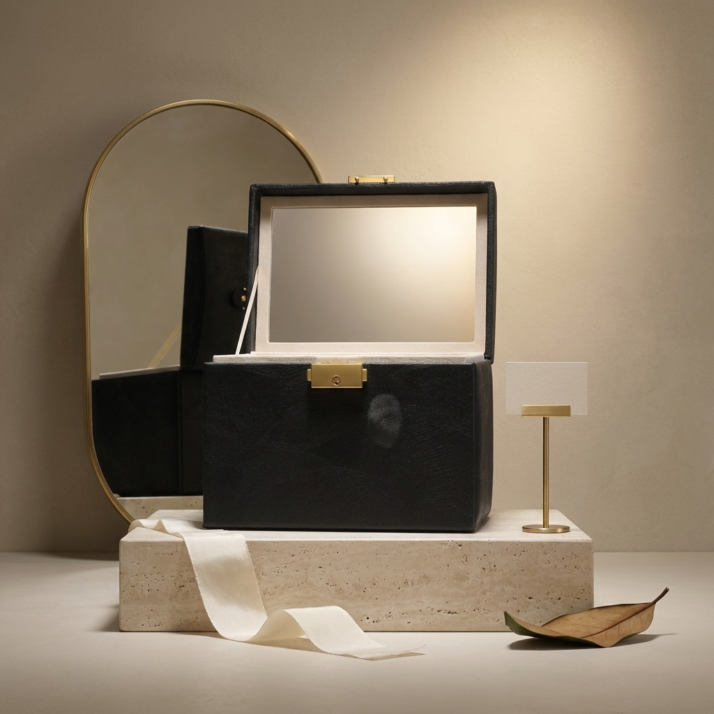 Lifestyle scene — Hard PU Leather Compact Mirror Portable Jewelry Box Organizer Case